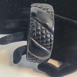 Vintage Black Resin acrylic Chunky Bangle Bracelet Quilted Diamond Pattern